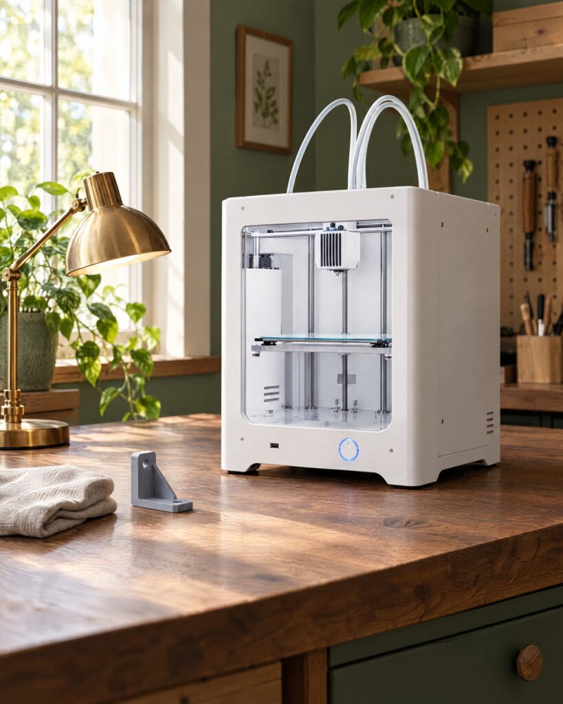 White desktop 3D printer on an oak bench in a quiet home workshop
