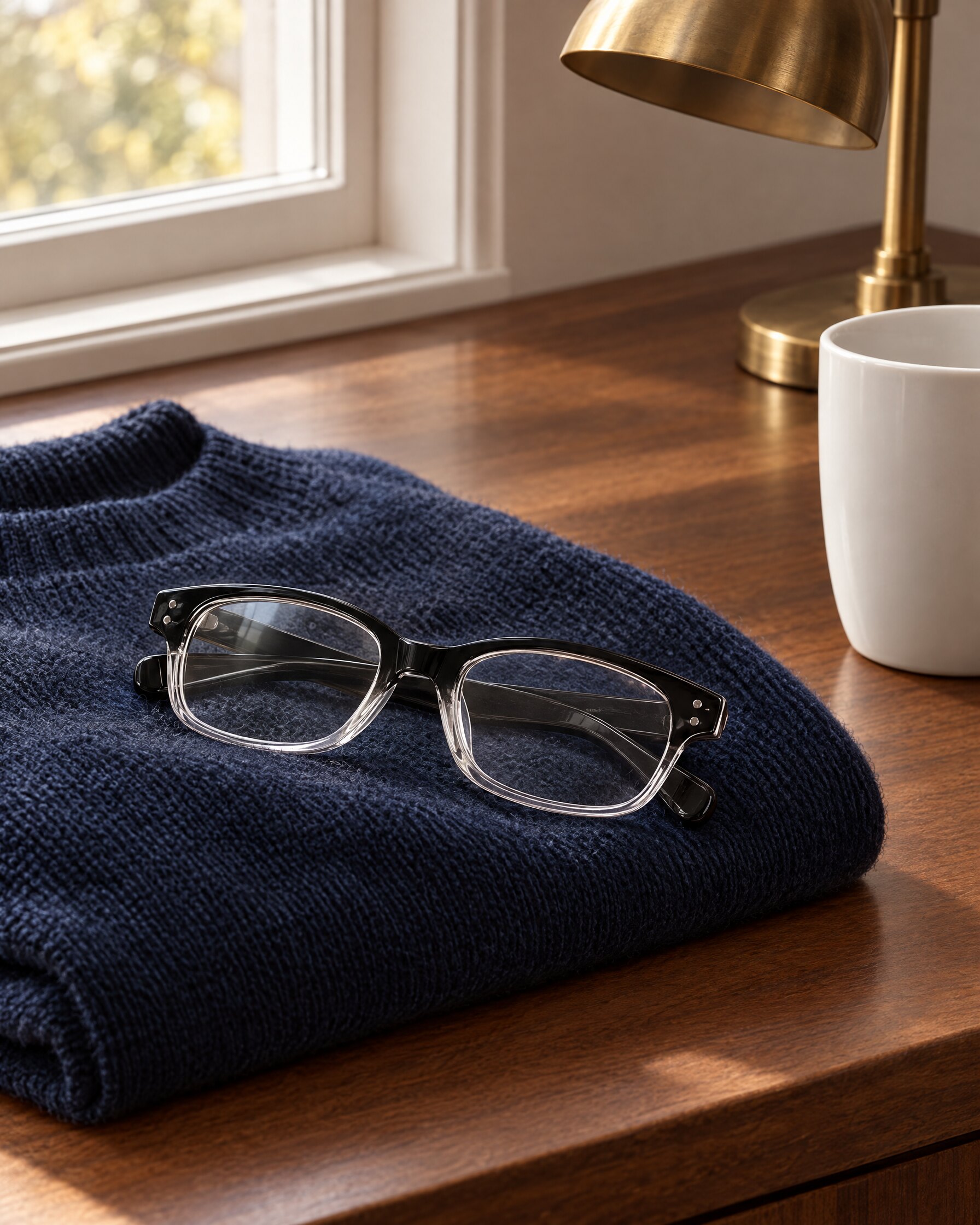 Q's Univo eyeglasses resting on a navy sweater on a walnut desk by a window
