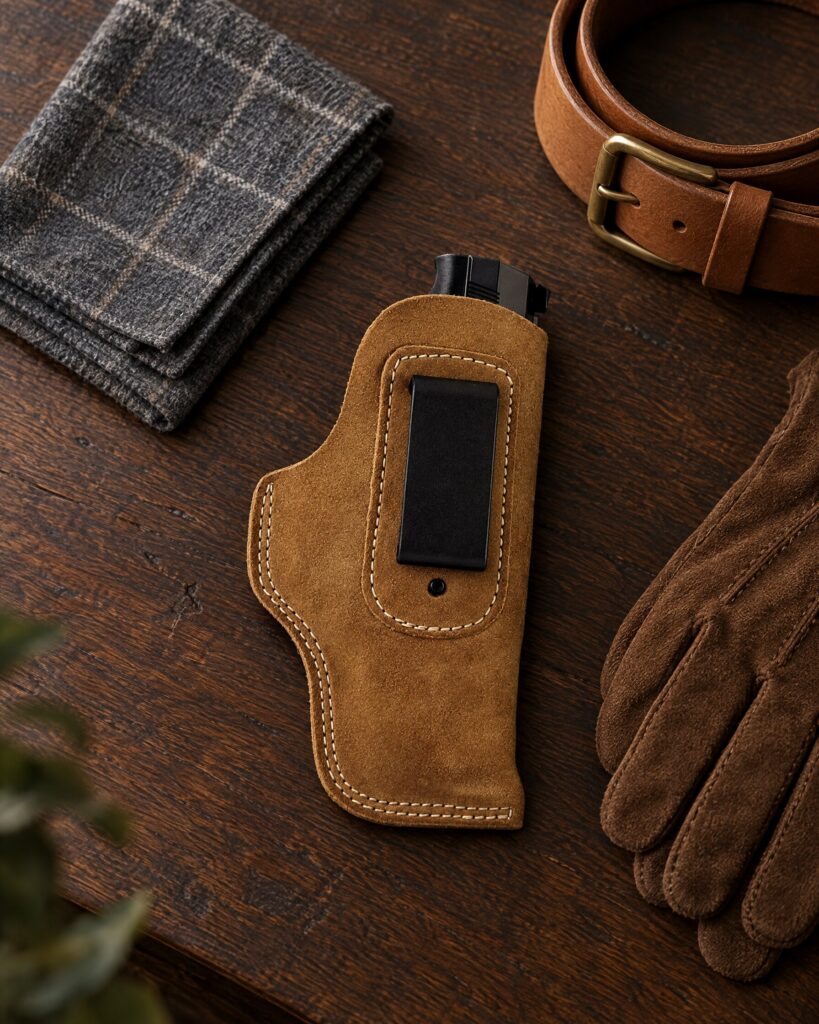 Cognac suede Vega IB333 holster with black polymer clip laid flat on a dark oak table with a leather belt and grey pocket square