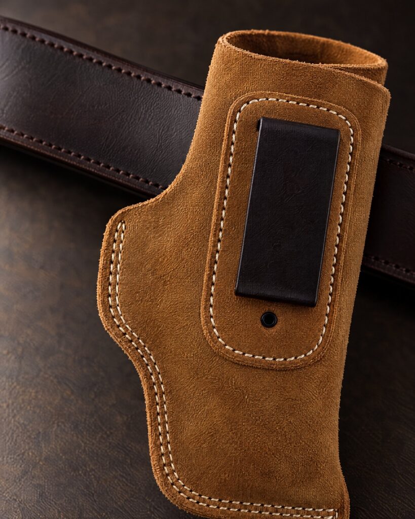 Close view of cognac suede holster beside a dark leather belt