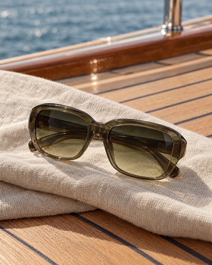 Versace 4061 style olive sunglasses on a linen cloth