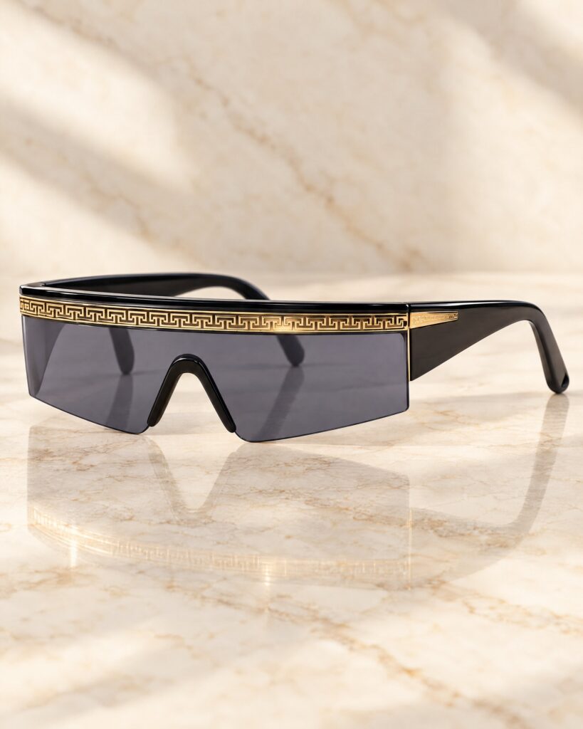 Versace shield sunglasses style black and gold wraparound pair on marble
