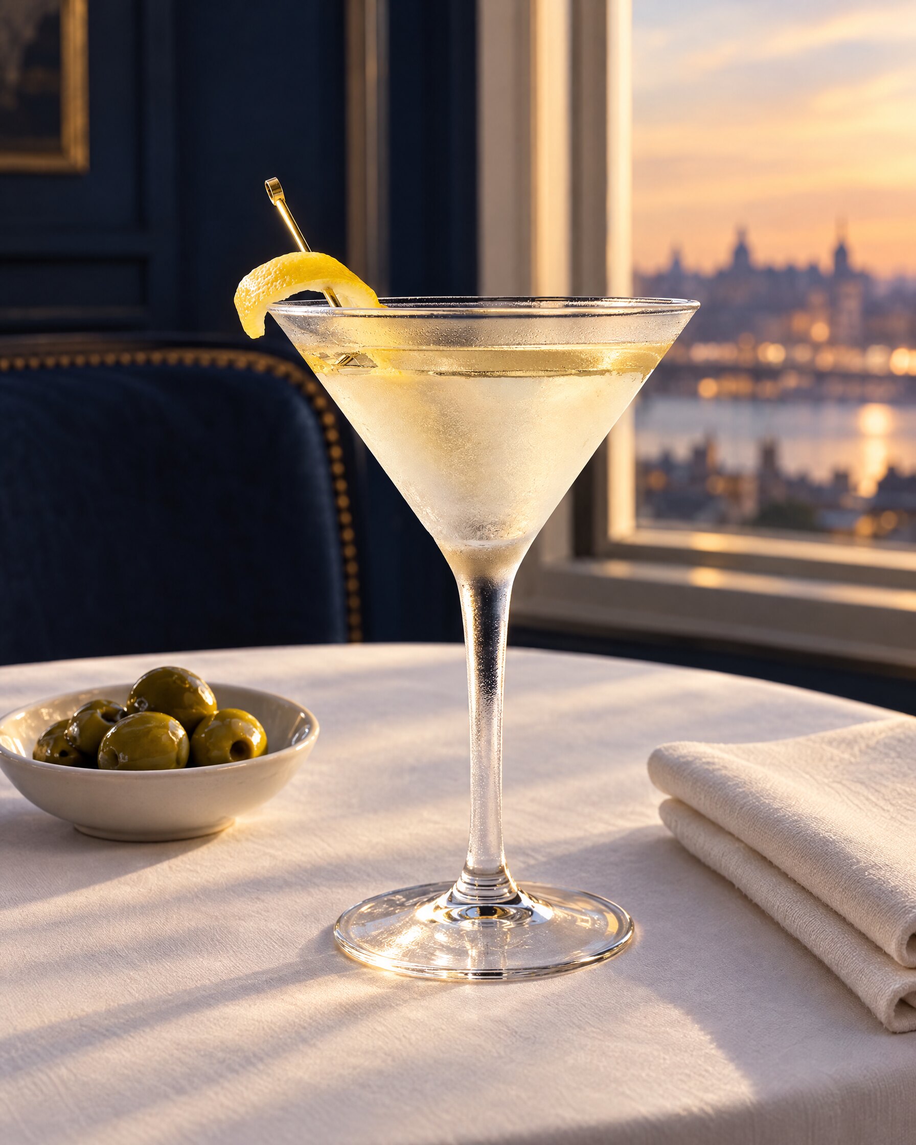 Martini glass with lemon peel on a white-clothed dining table in soft evening light