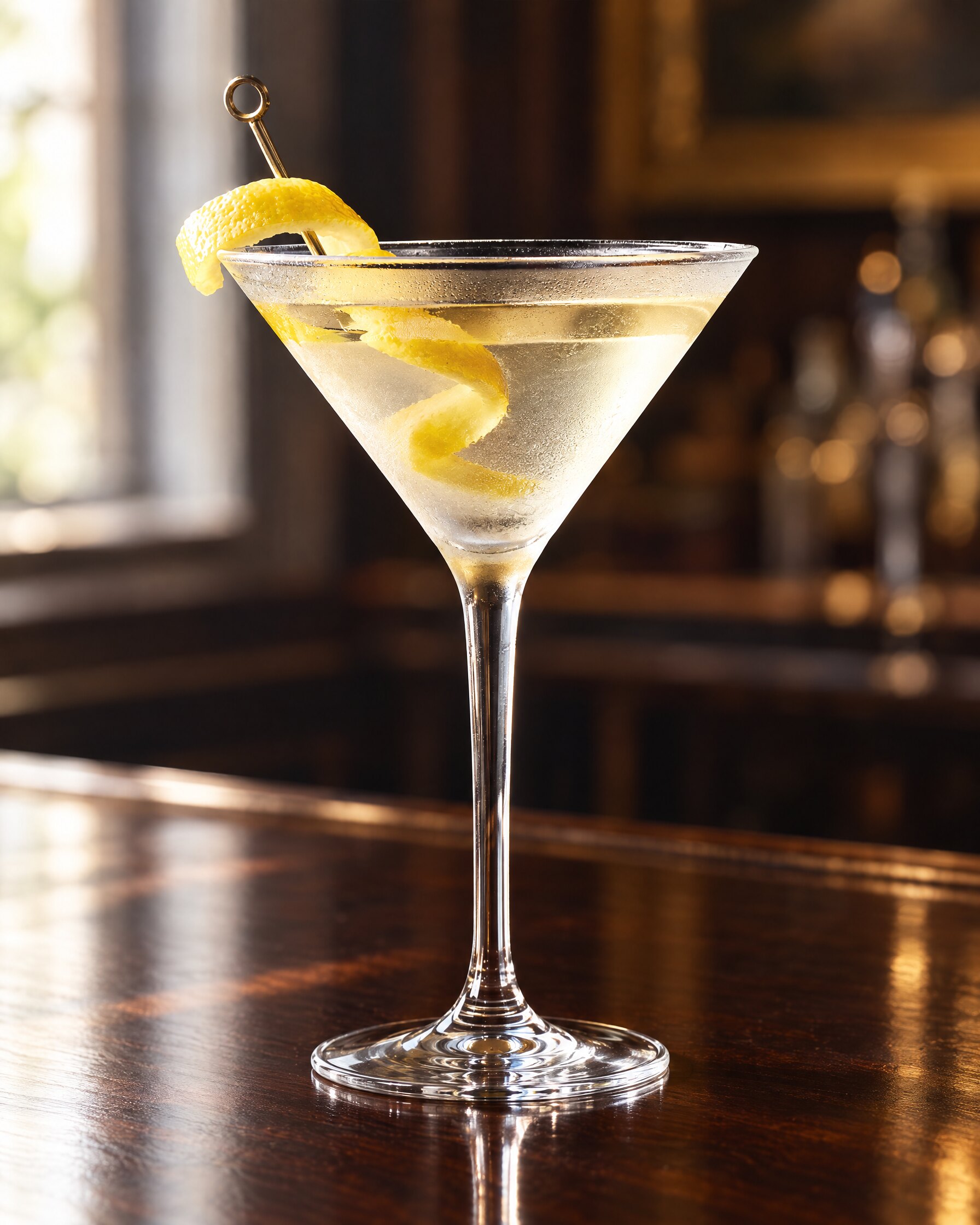 Vesper Martini in a chilled glass with a long lemon peel garnish on a dark wooden bar