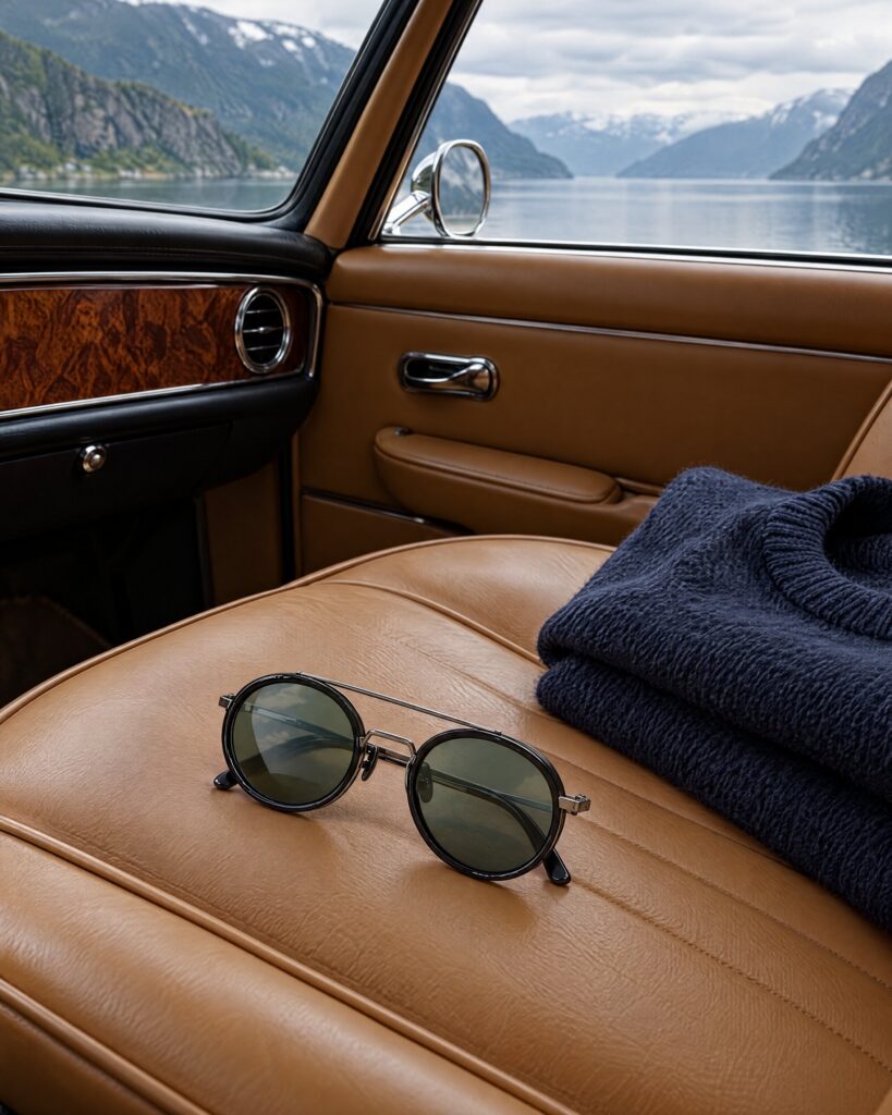 Vuarnet Edge 1613 sunglasses folded on a leather car seat beside a Norwegian fjord
