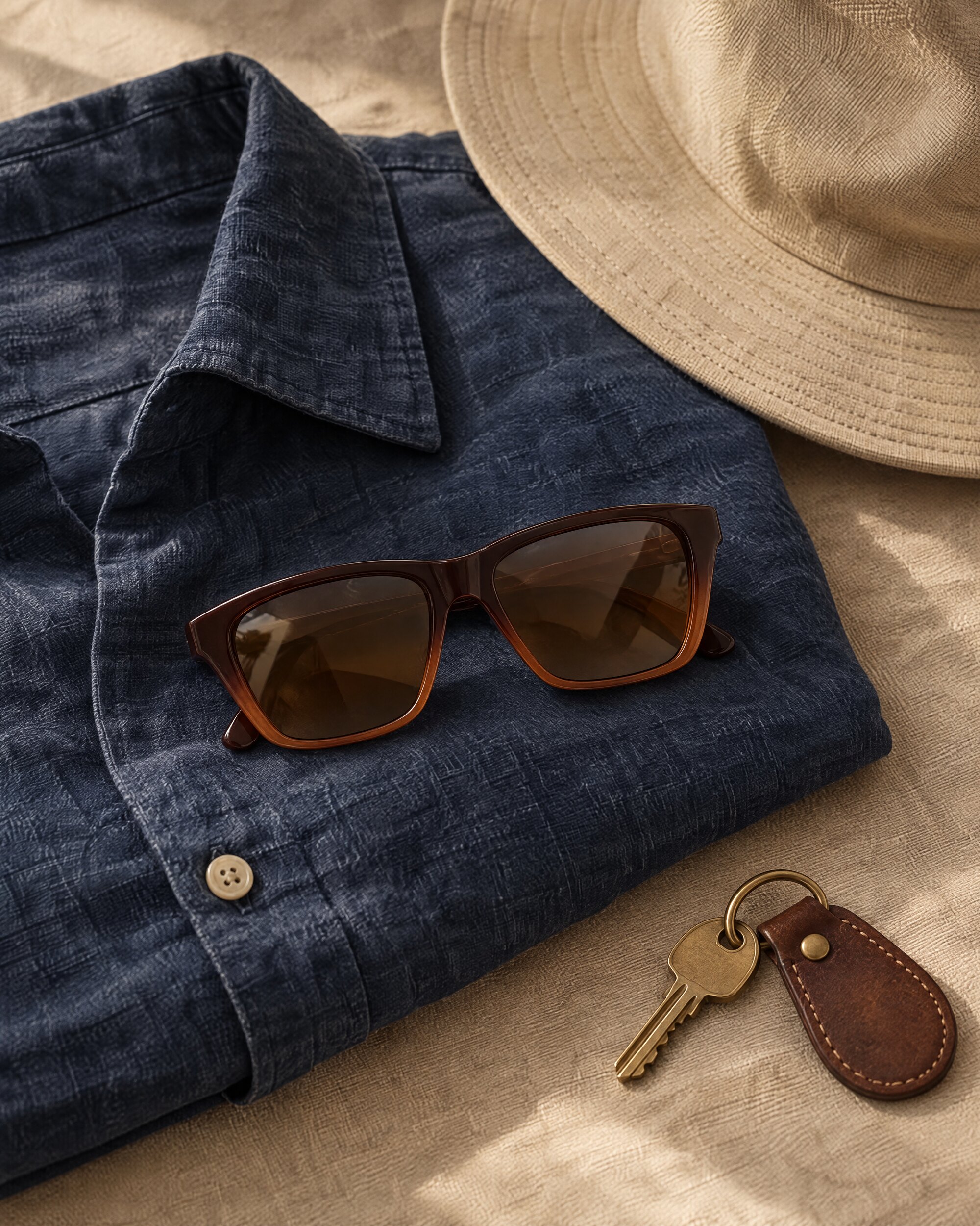 Vuarnet Legend 06 sunglasses in brown nylon with Brownlynx lenses on a folded navy linen shirt