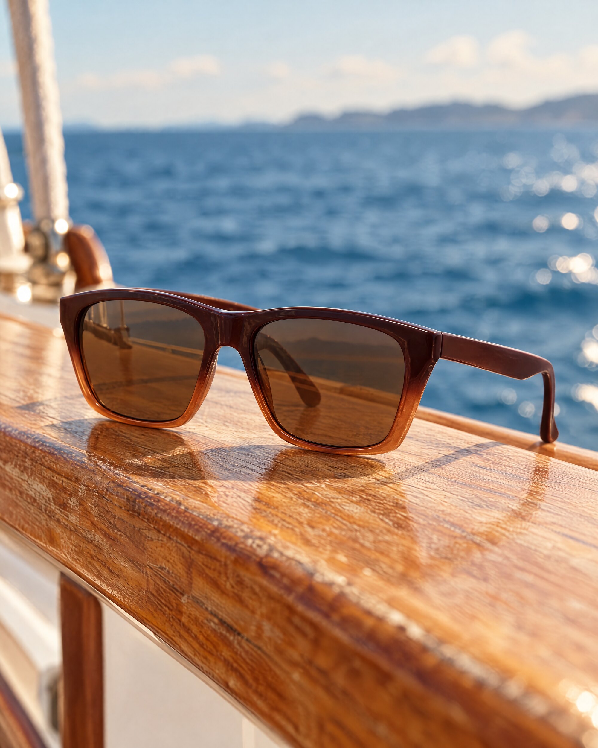 Brown nylon sunglasses with brown lenses resting on a teak boat rail above a calm blue sea