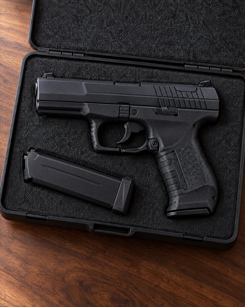 Walther P99 pistol resting unloaded in a felt-lined case on a walnut table