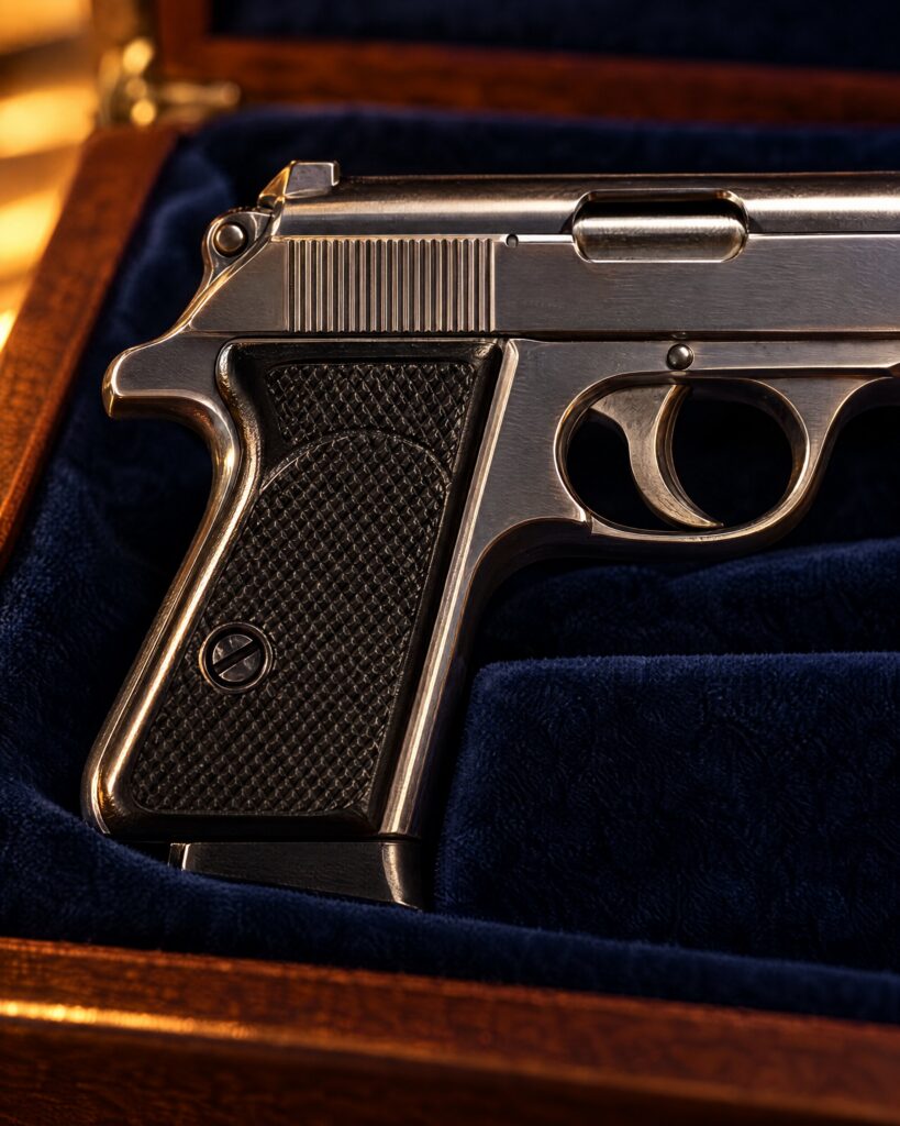 Detail of the grip of a compact steel Walther PPK-style pistol in a velvet-lined case
