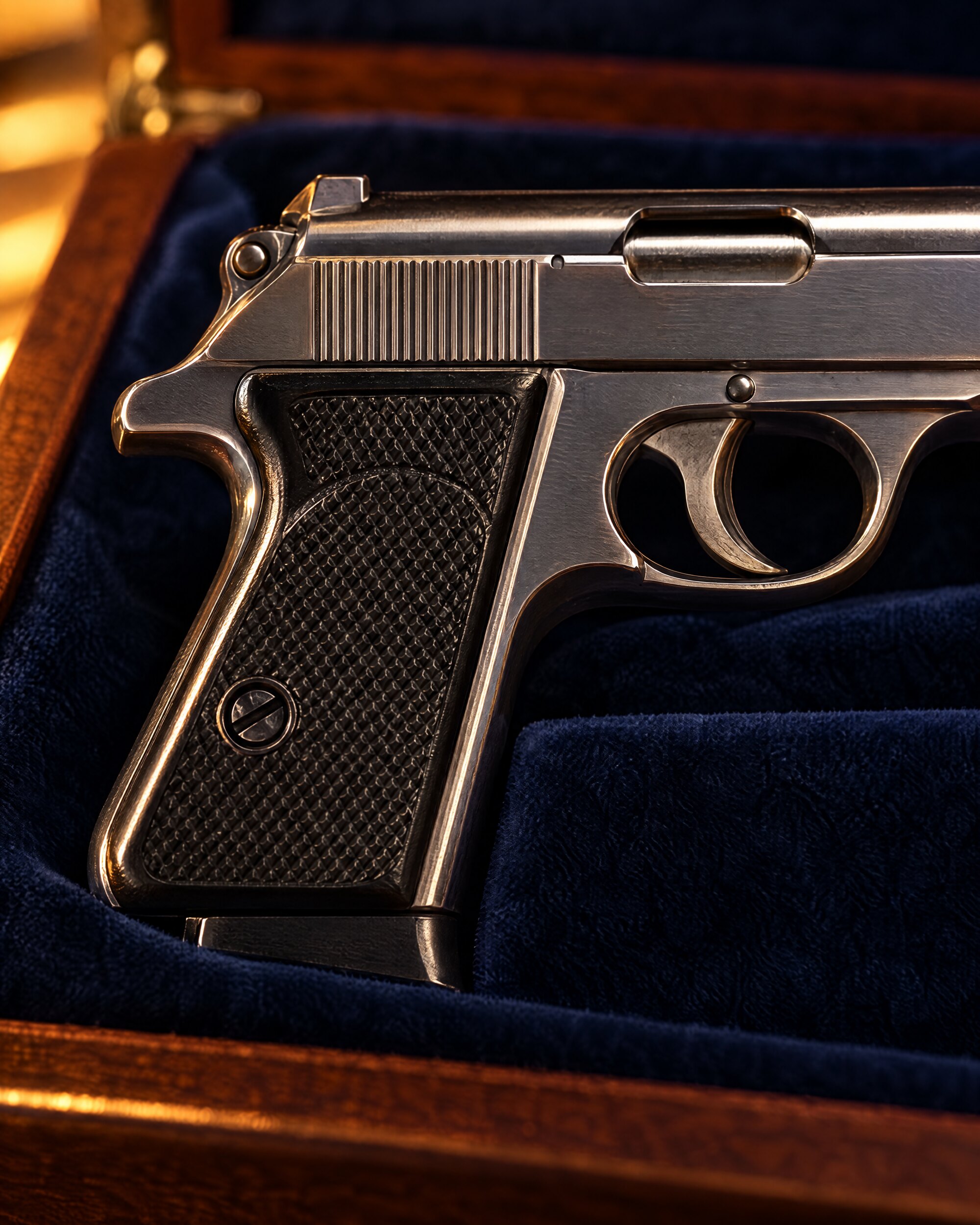 Detail of the grip of a compact steel Walther PPK-style pistol in a velvet-lined case