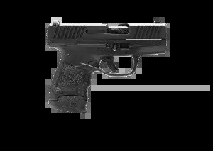 Slim black compact pistol on a grey flannel cloth