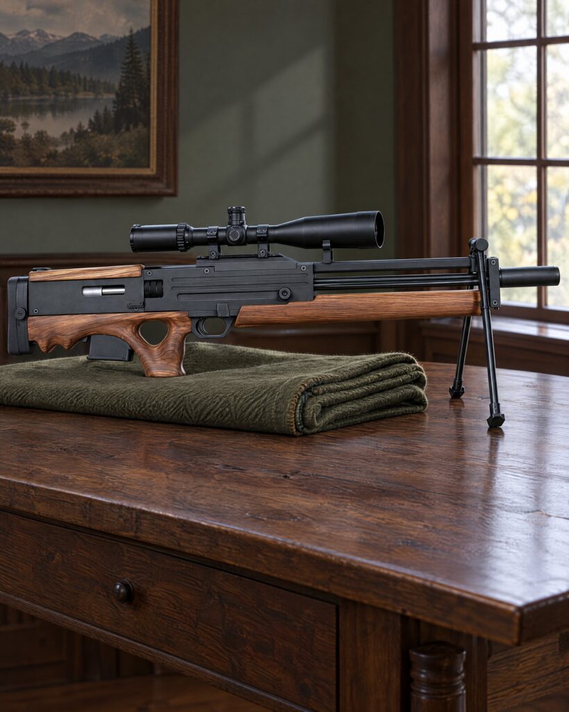 Walther WA2000 style bullpup rifle on a dark oak table