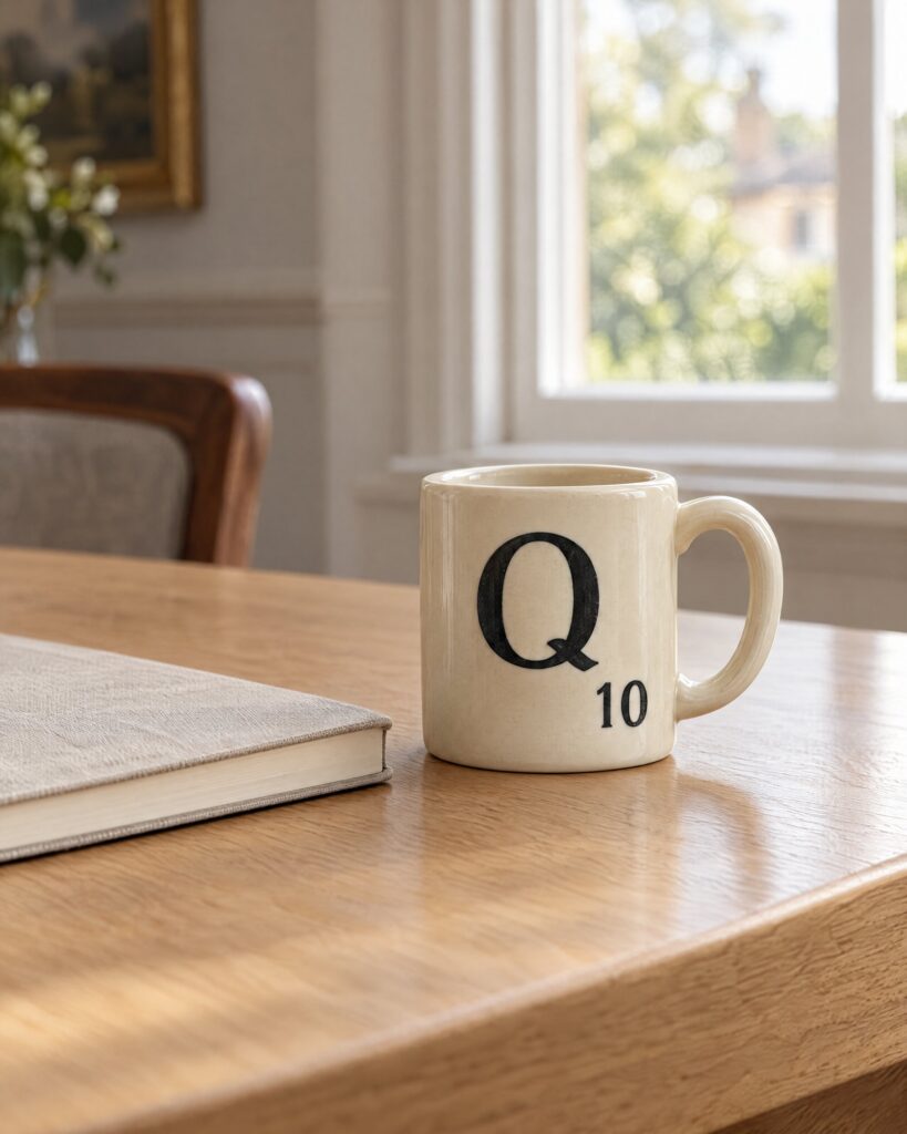 Ceramic Q mug from Skyfall on an oak desk