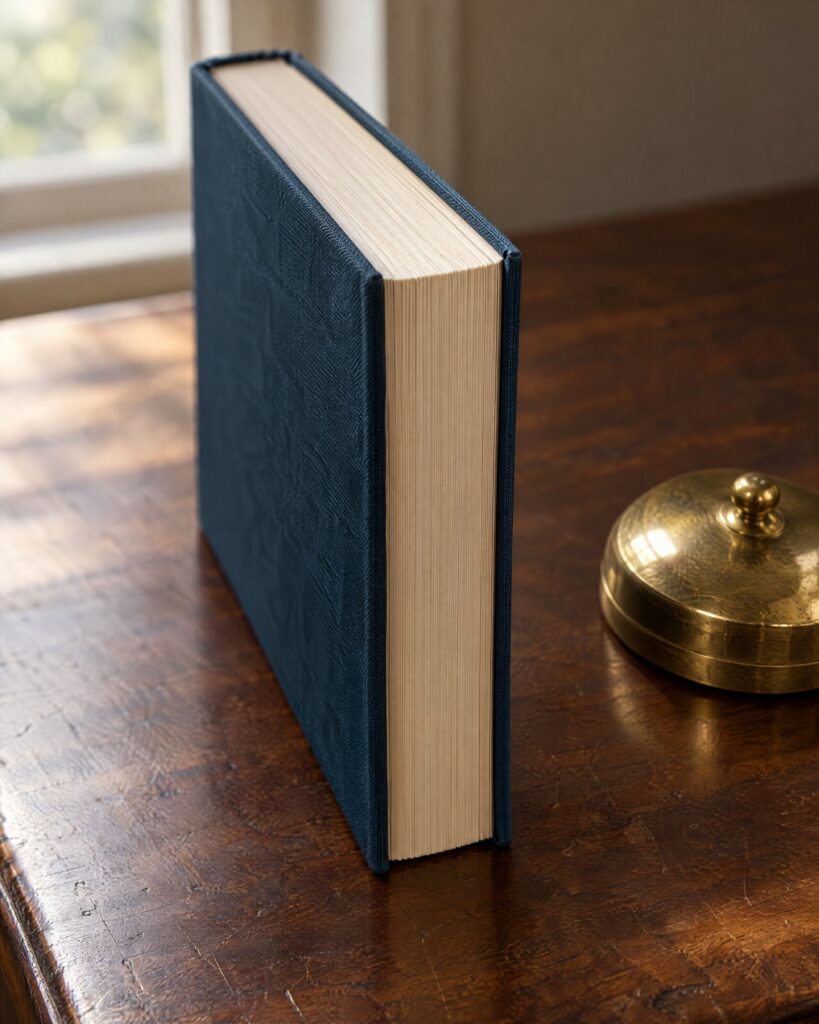 Closed hardback novel on a walnut desk beside a brass paperweight, for With a Mind to Kill