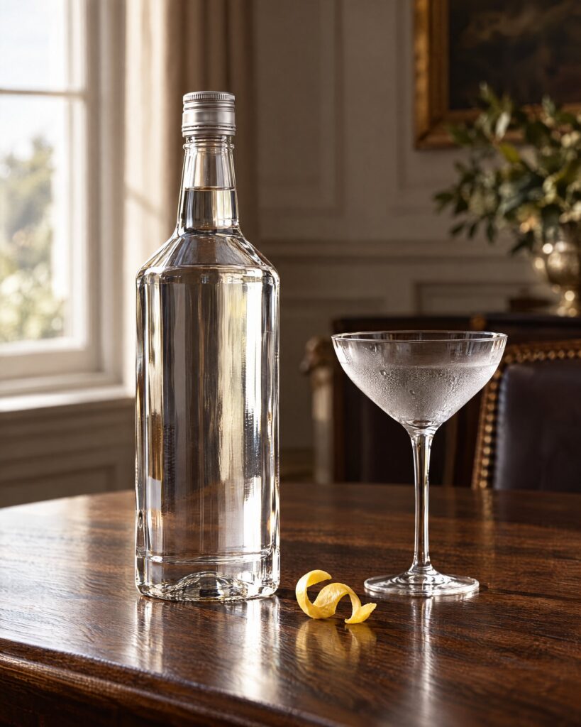 Wolfschmidt vodka bottle beside a chilled glass on a dark oak table