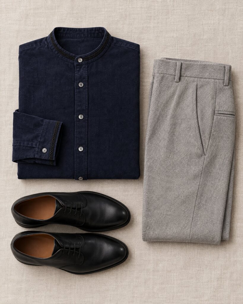 Navy neckband shirt with black rubber lace collar and cuffs, flat lay on linen