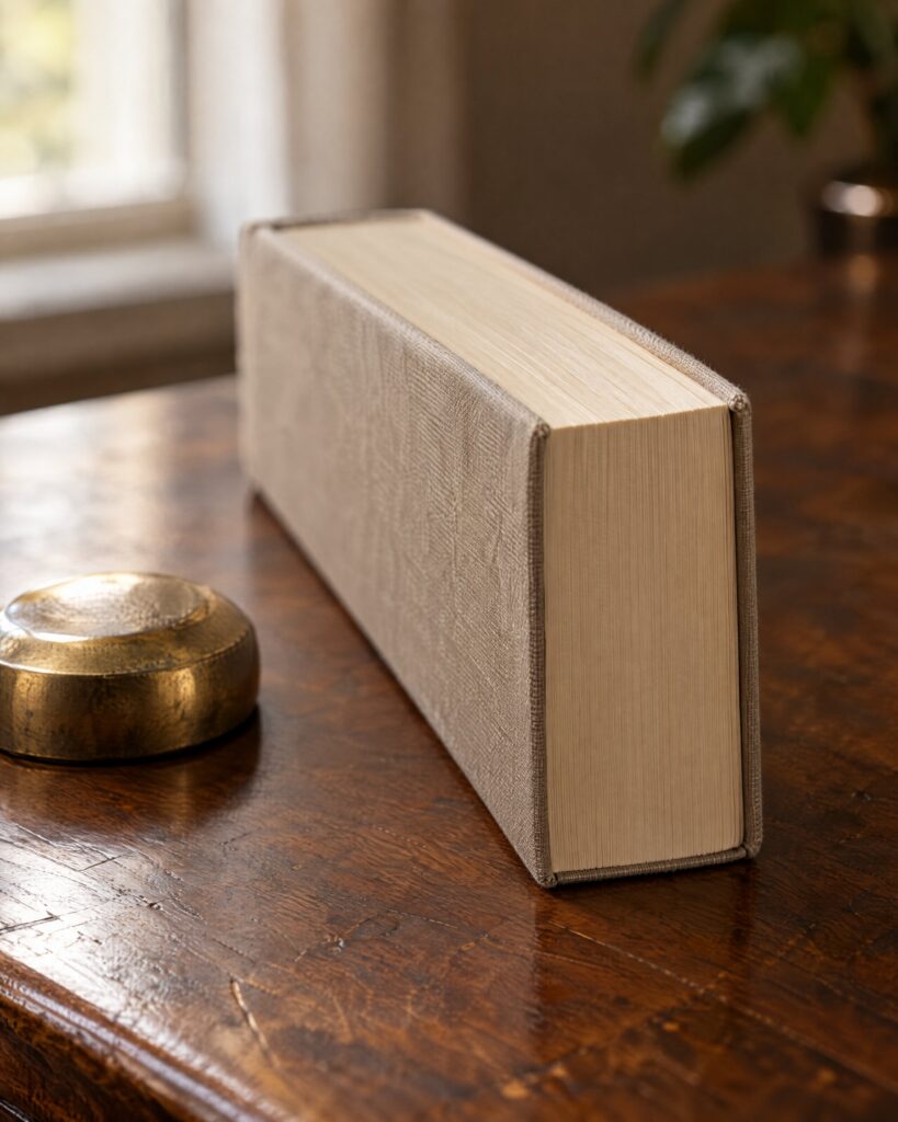 Closed paperback novelisation on a walnut desk beside a brass paperweight, for The World Is Not Enough