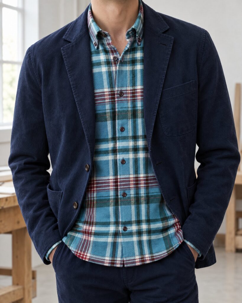 Man wearing a YMC Dean shirt in blue check under a navy jacket, open at the collar