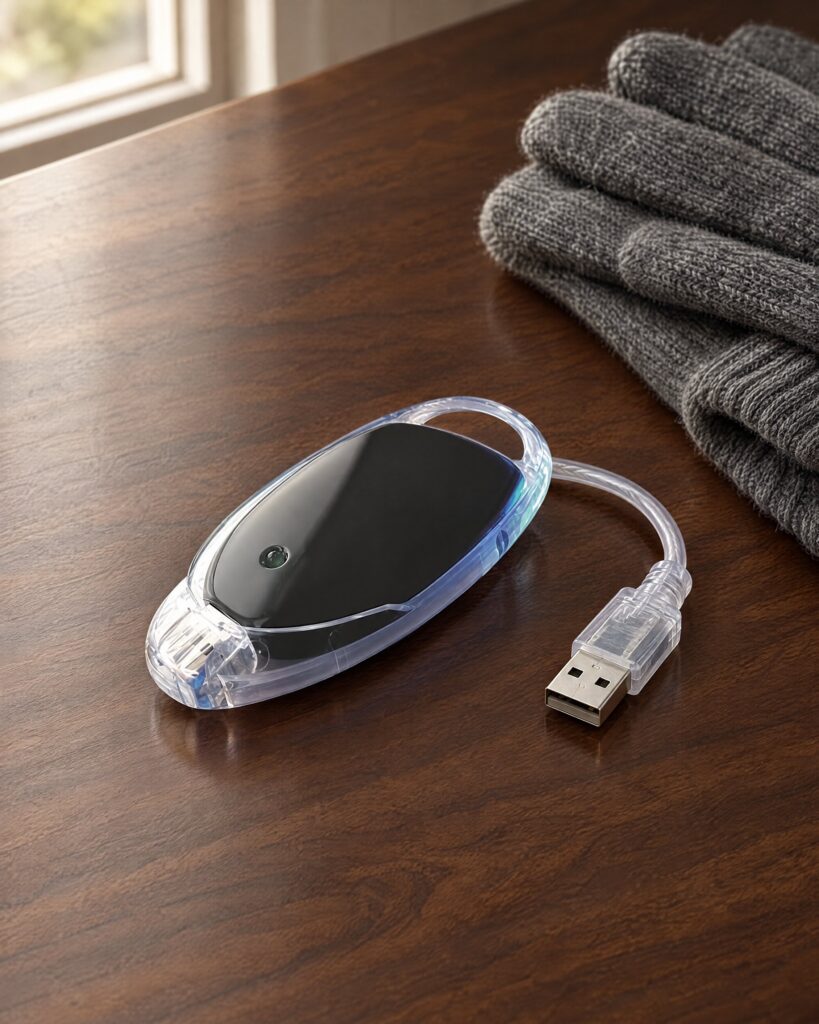 Small USB SIM card reader on a walnut desk beside a wool glove